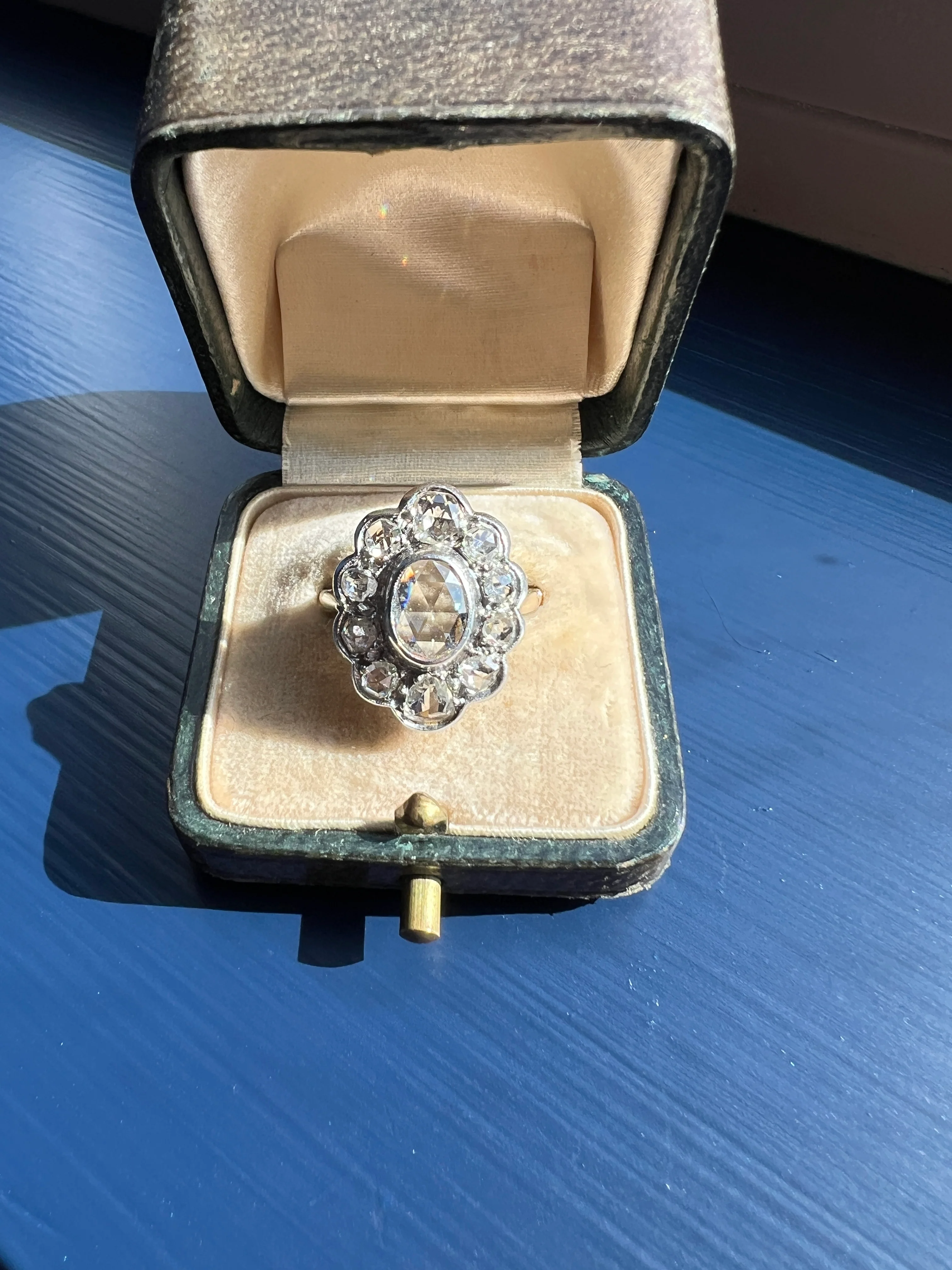 XL French Antique Open Back Oval Rose Cut DIAMOND Clear Disco Daisy Cluster Ring Victorian 18k Gold Platinum - Image 18