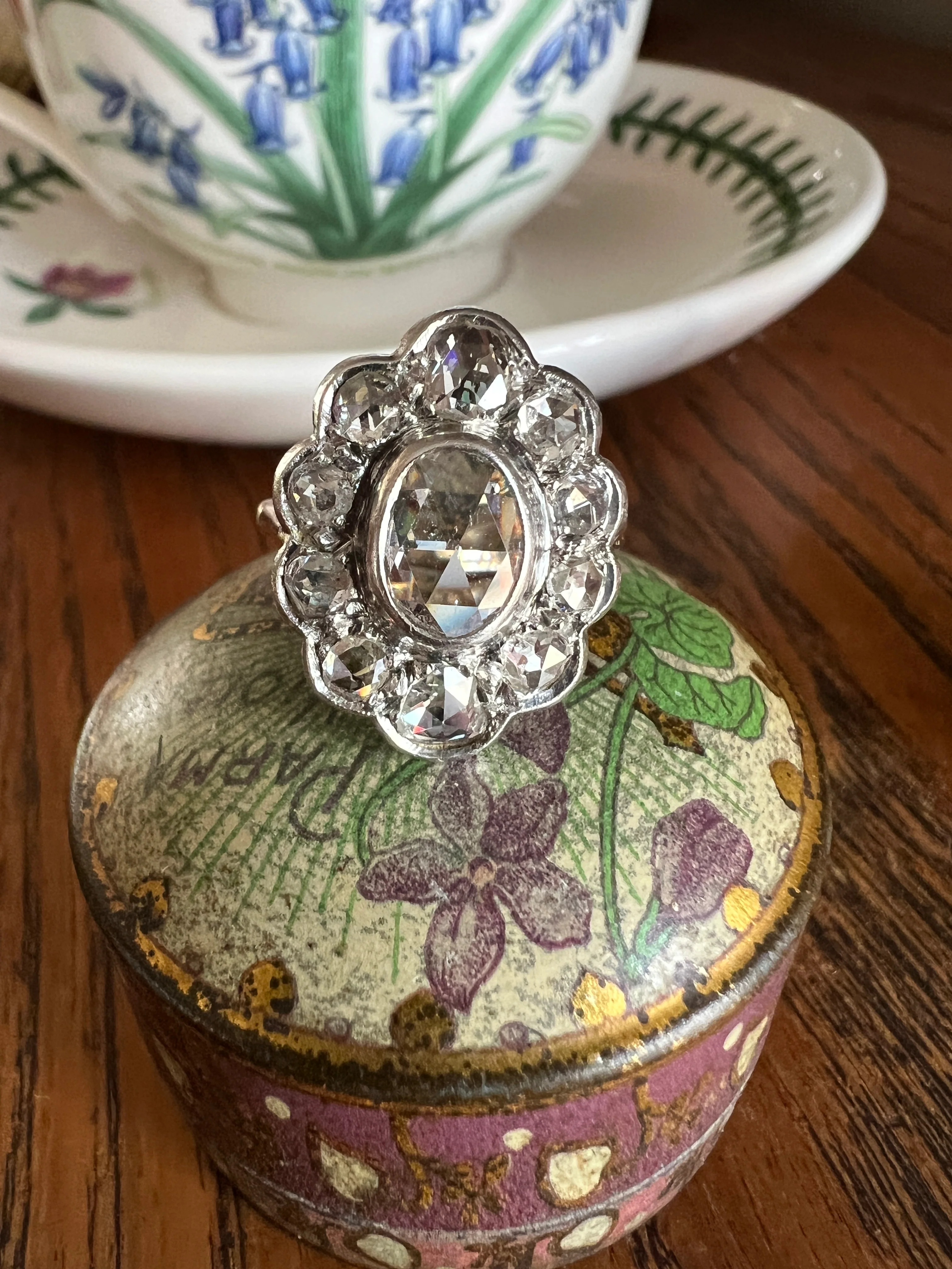 XL French Antique Open Back Oval Rose Cut DIAMOND Clear Disco Daisy Cluster Ring Victorian 18k Gold Platinum - Image 19