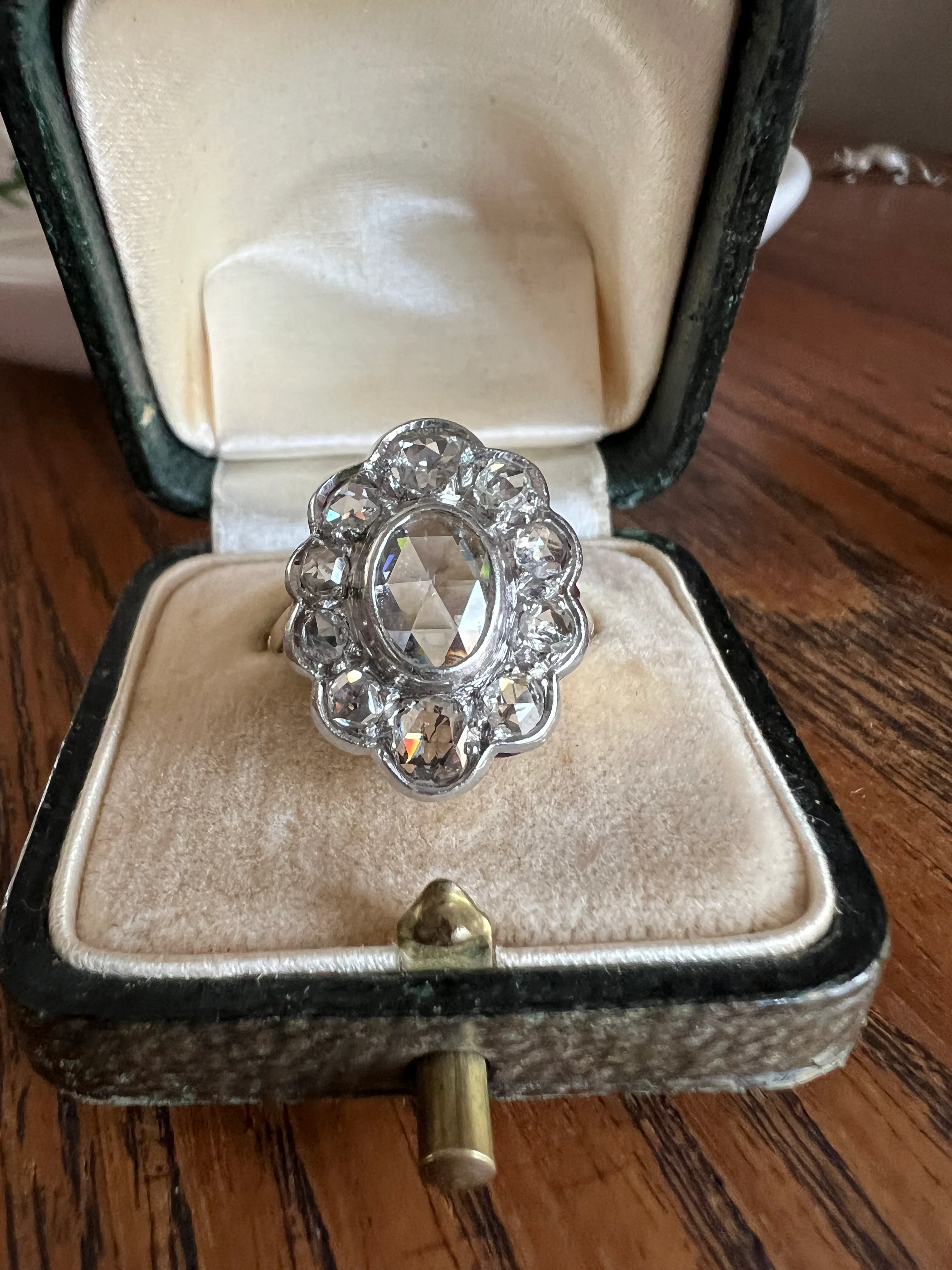XL French Antique Open Back Oval Rose Cut DIAMOND Clear Disco Daisy Cluster Ring Victorian 18k Gold Platinum - Image 20