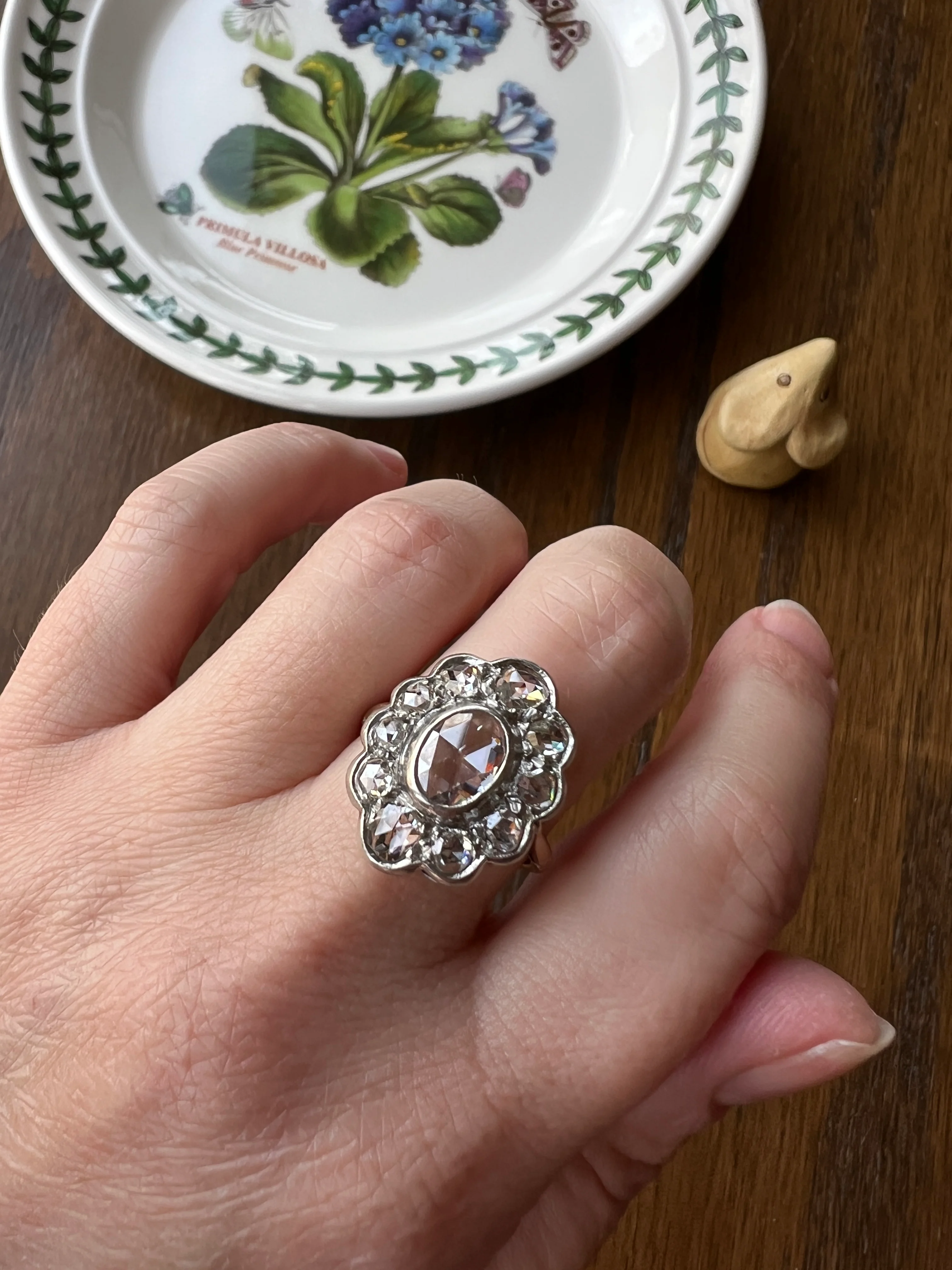 XL French Antique Open Back Oval Rose Cut DIAMOND Clear Disco Daisy Cluster Ring Victorian 18k Gold Platinum - Image 21