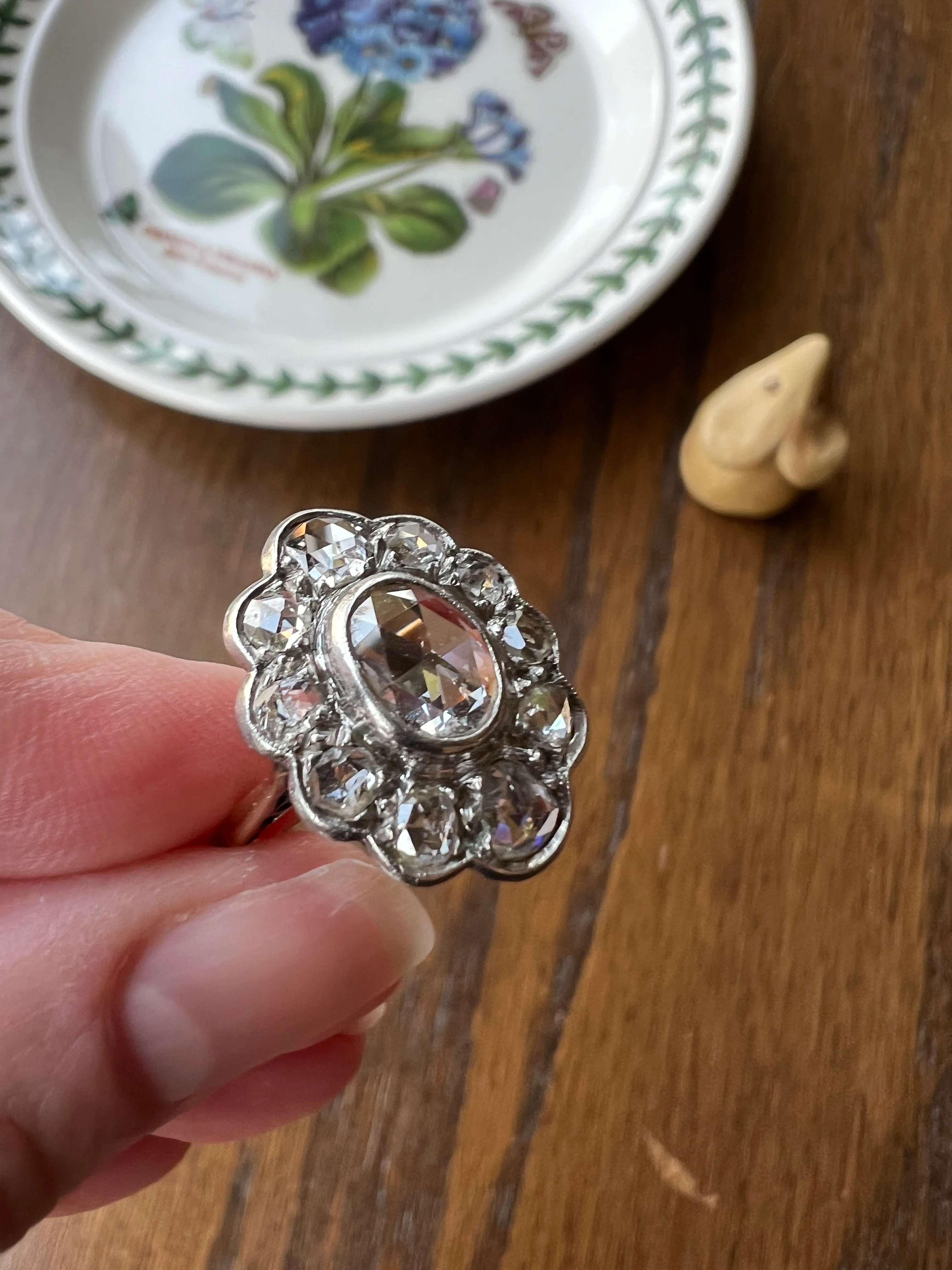XL French Antique Open Back Oval Rose Cut DIAMOND Clear Disco Daisy Cluster Ring Victorian 18k Gold Platinum - Image 22