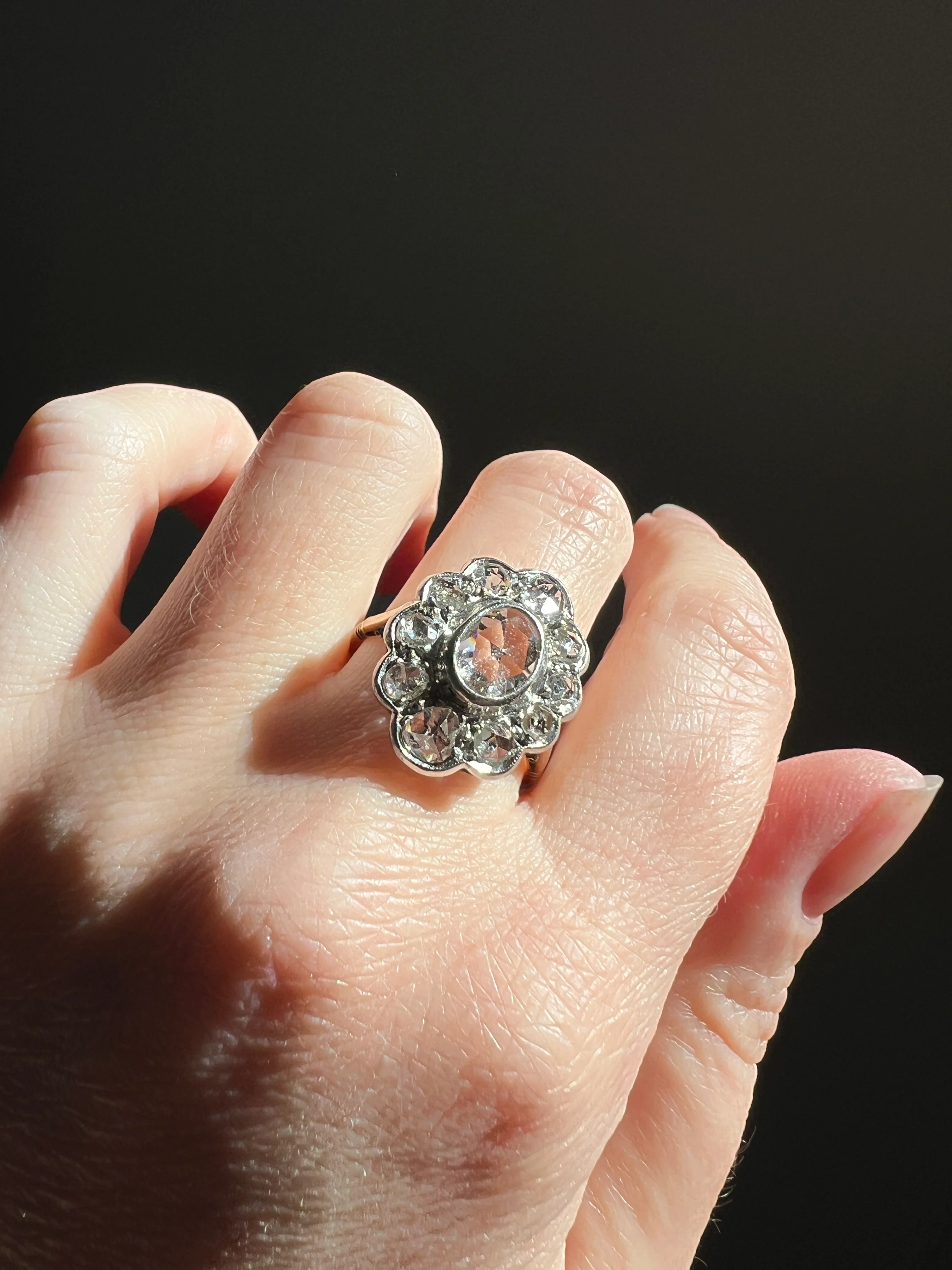 XL French Antique Open Back Oval Rose Cut DIAMOND Clear Disco Daisy Cluster Ring Victorian 18k Gold Platinum - Image 23