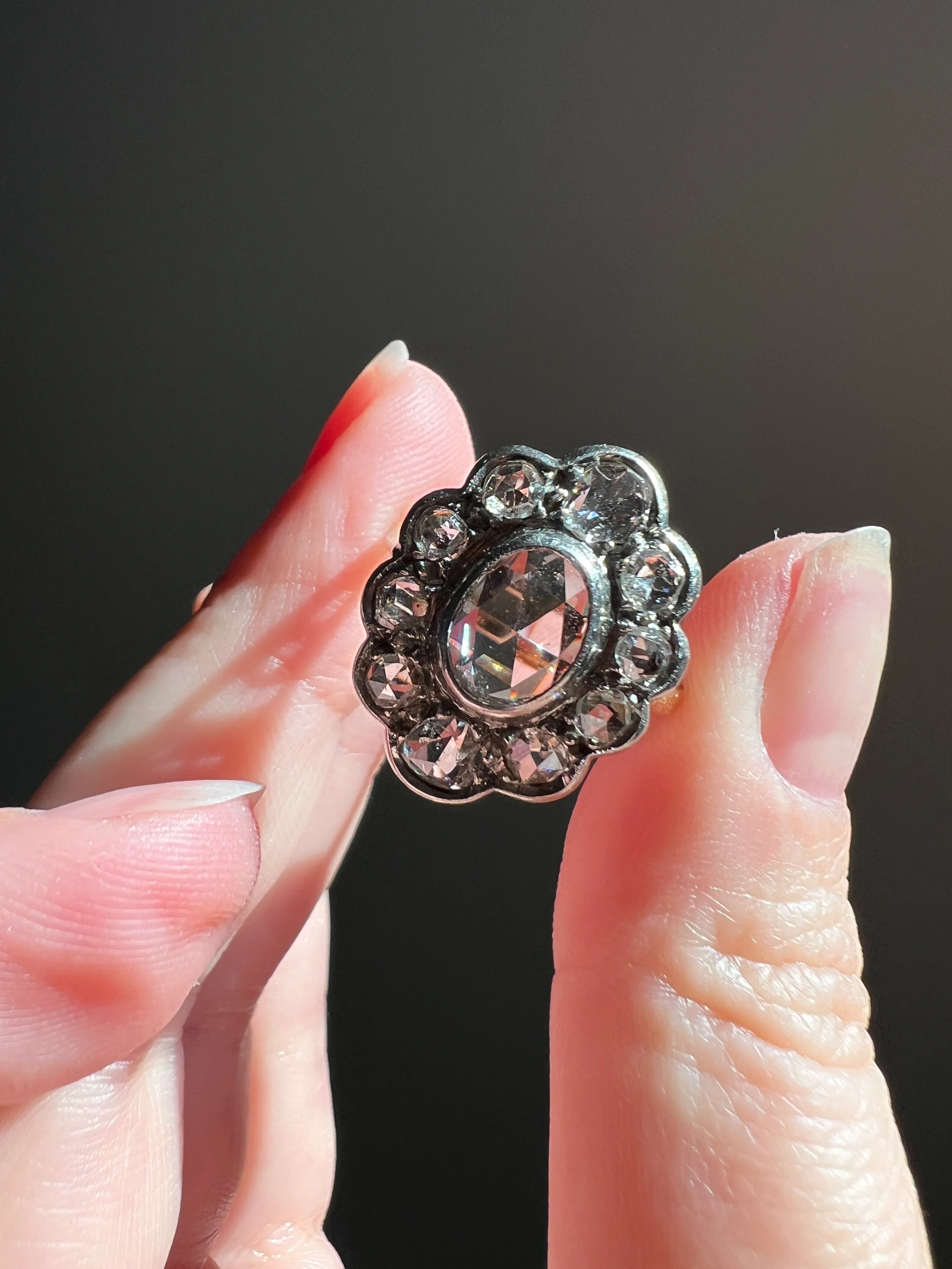 XL French Antique Open Back Oval Rose Cut DIAMOND Clear Disco Daisy Cluster Ring Victorian 18k Gold Platinum - Image 24