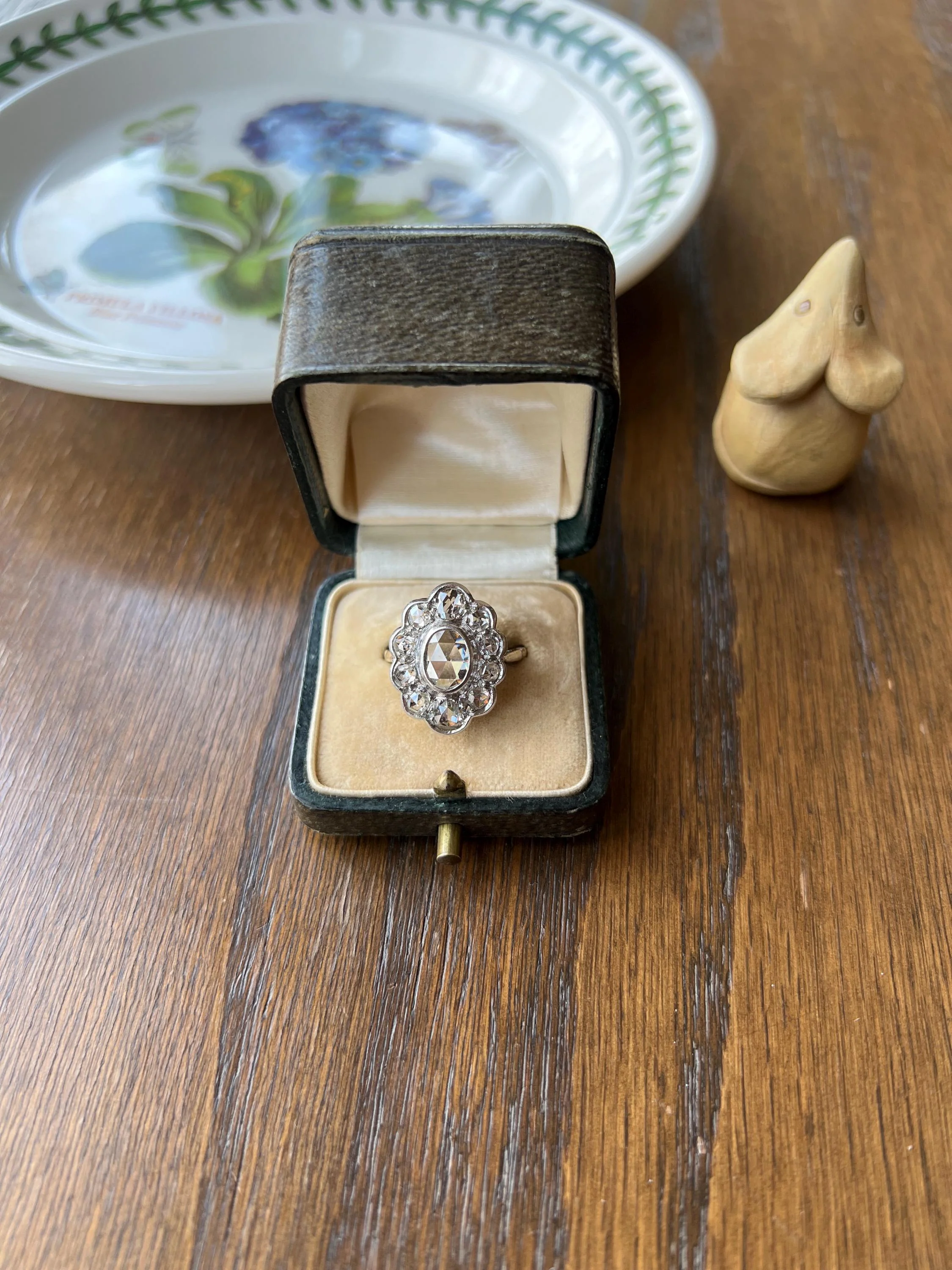 XL French Antique Open Back Oval Rose Cut DIAMOND Clear Disco Daisy Cluster Ring Victorian 18k Gold Platinum - Image 3