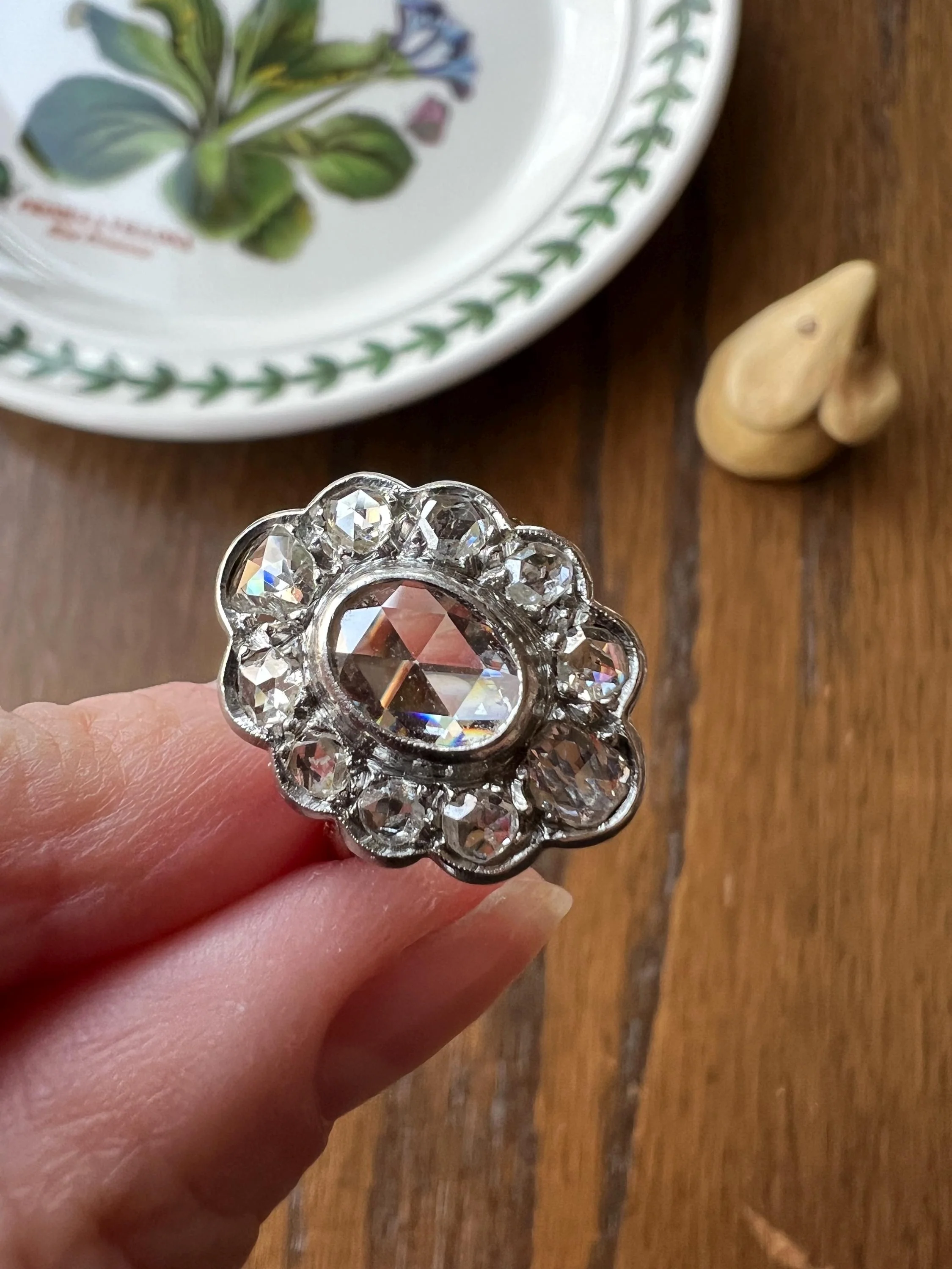 XL French Antique Open Back Oval Rose Cut DIAMOND Clear Disco Daisy Cluster Ring Victorian 18k Gold Platinum - Image 4