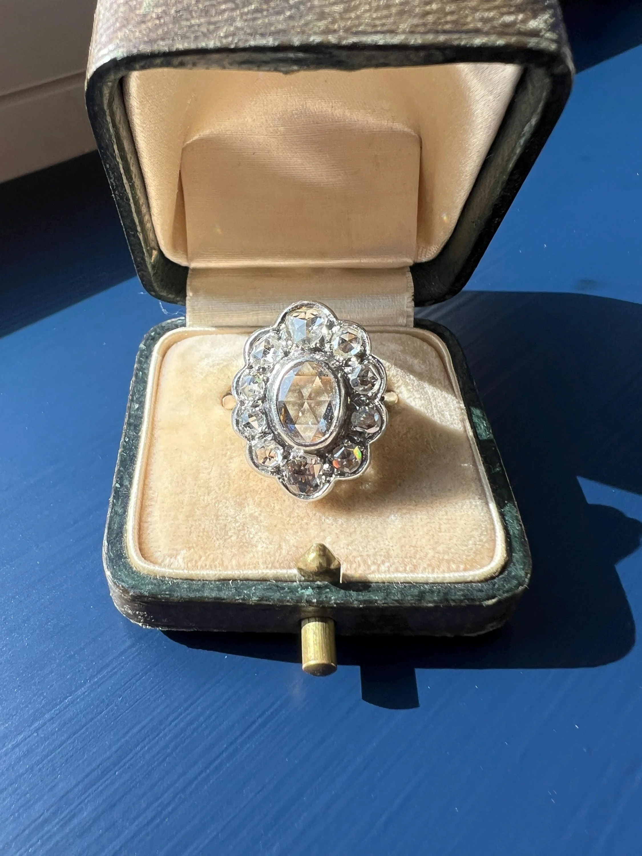 XL French Antique Open Back Oval Rose Cut DIAMOND Clear Disco Daisy Cluster Ring Victorian 18k Gold Platinum - Image 5