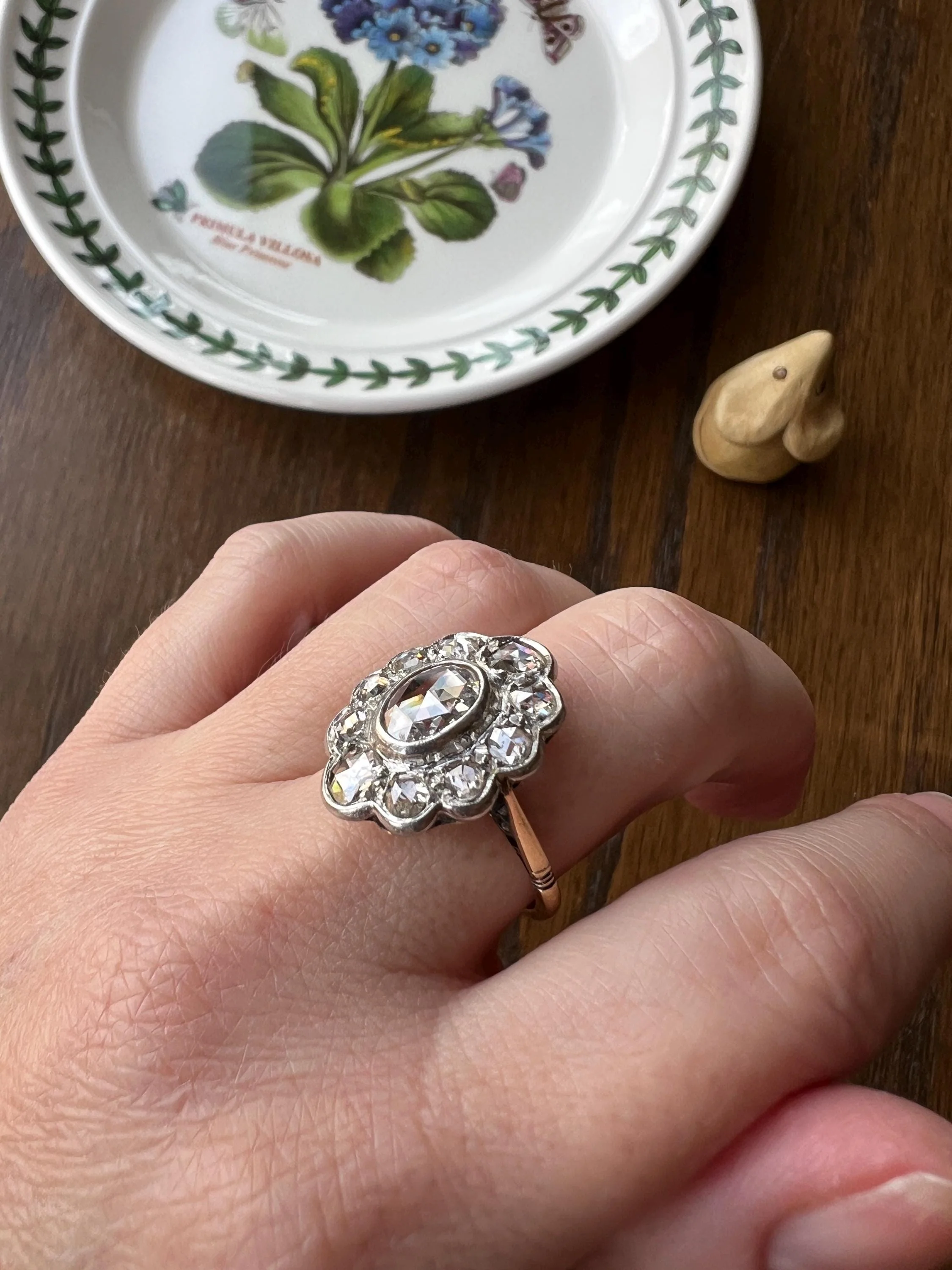 XL French Antique Open Back Oval Rose Cut DIAMOND Clear Disco Daisy Cluster Ring Victorian 18k Gold Platinum - Image 6