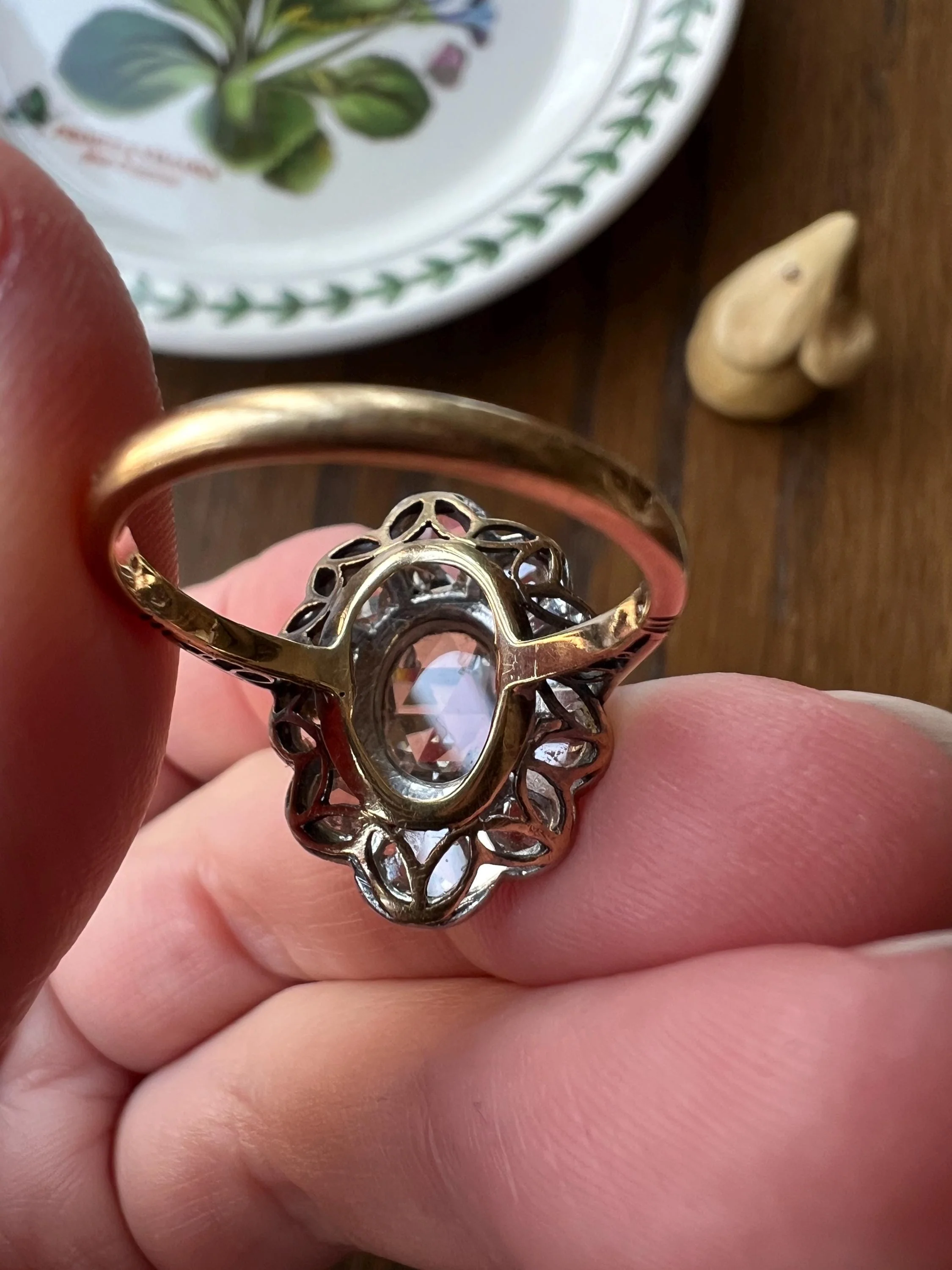 XL French Antique Open Back Oval Rose Cut DIAMOND Clear Disco Daisy Cluster Ring Victorian 18k Gold Platinum - Image 9