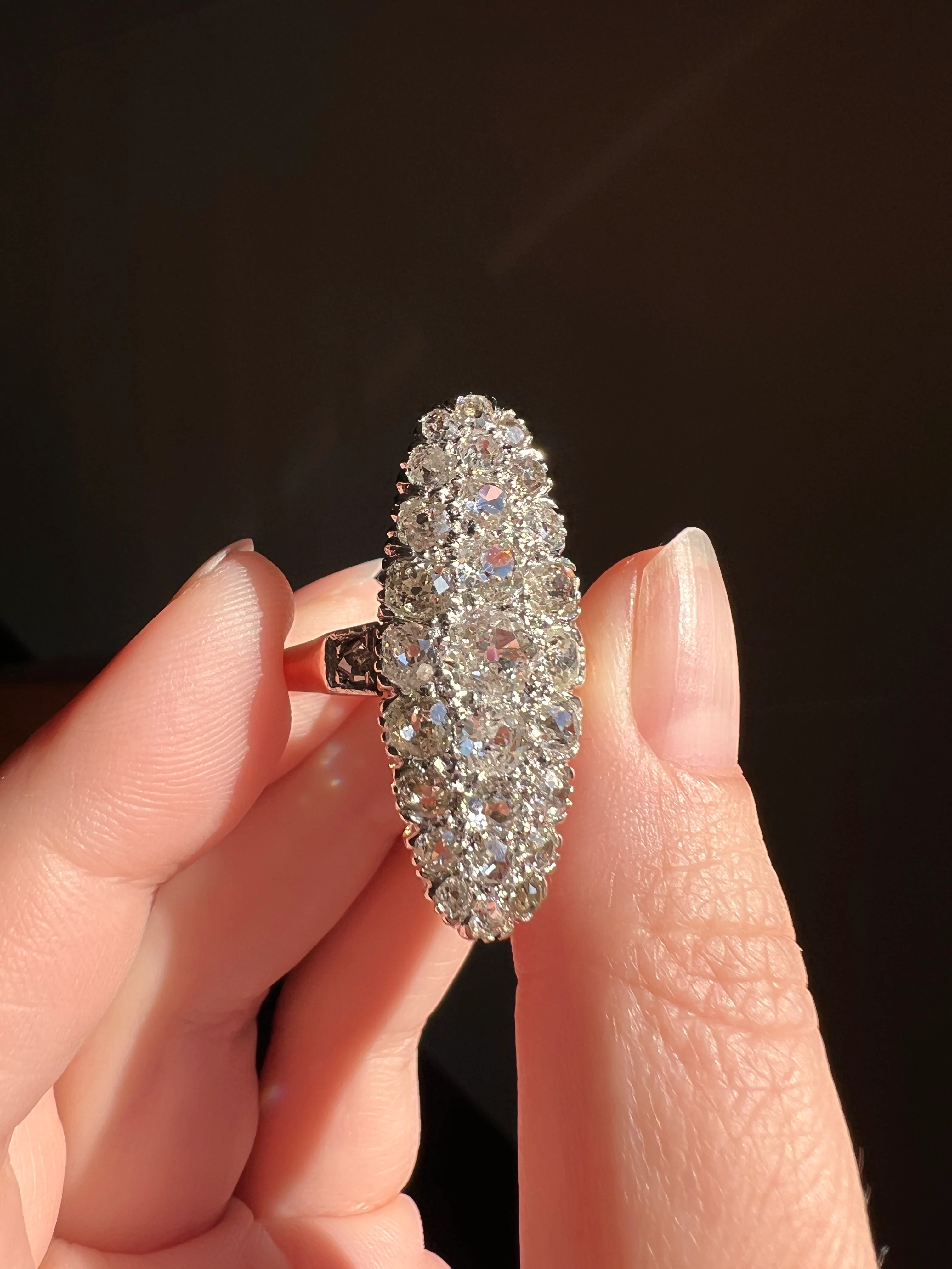 XL Oval French ANTIQUE 3.5 Carat 29 Old Mine Cut DIAMOND Rose Cut Cluster Ring 18k Gold - Image 11