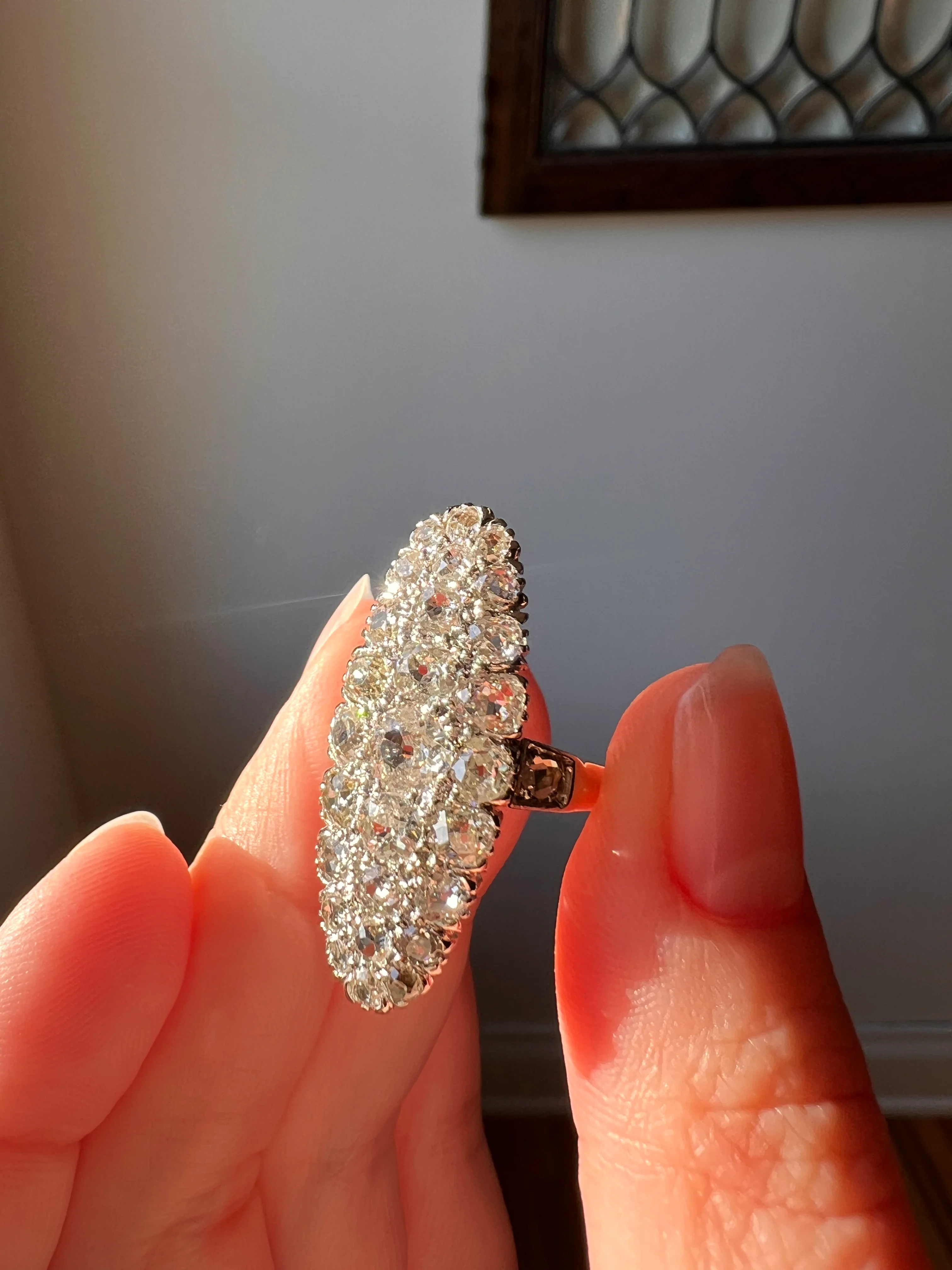 XL Oval French ANTIQUE 3.5 Carat 29 Old Mine Cut DIAMOND Rose Cut Cluster Ring 18k Gold - Image 13