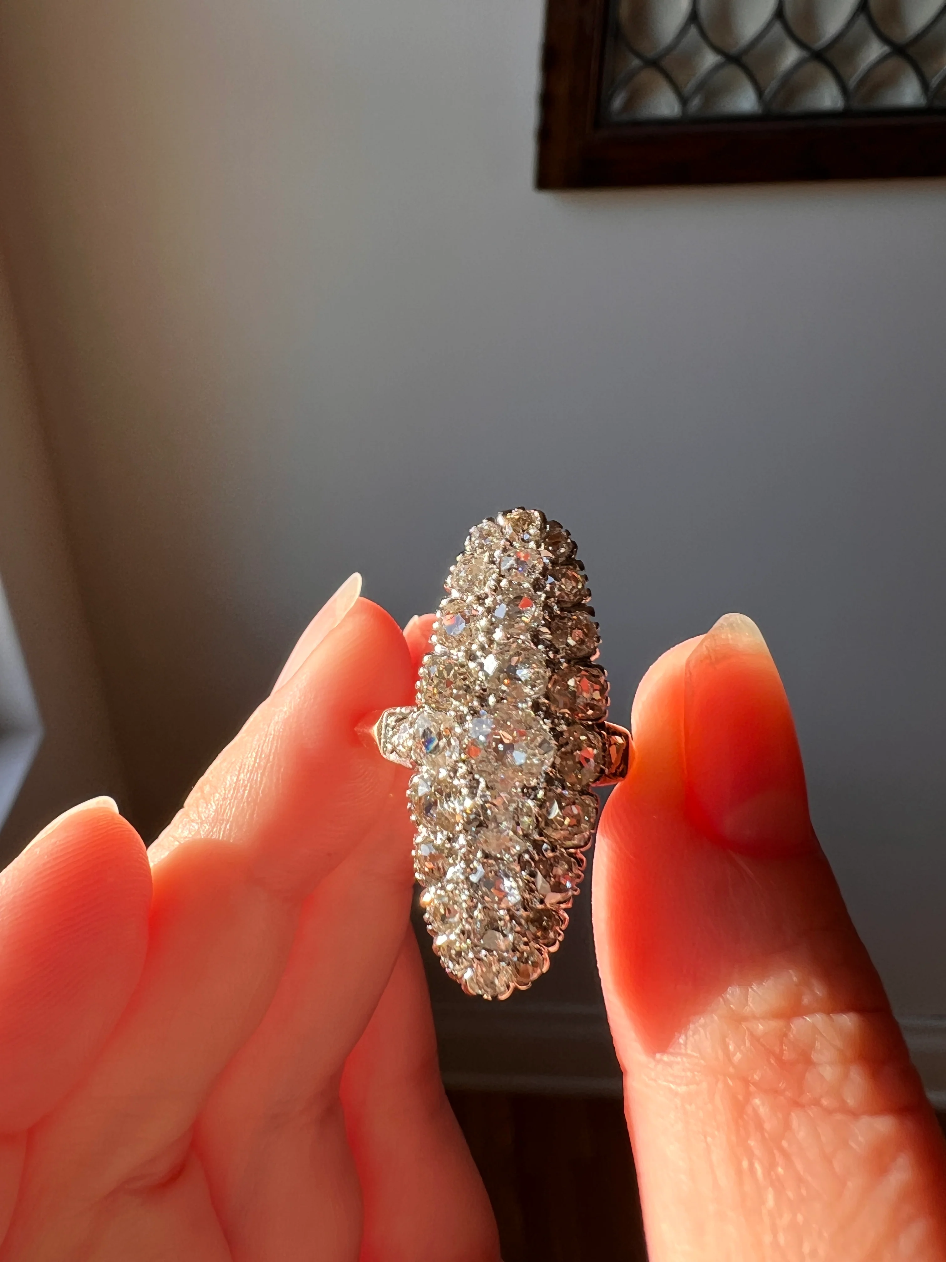 XL Oval French ANTIQUE 3.5 Carat 29 Old Mine Cut DIAMOND Rose Cut Cluster Ring 18k Gold - Image 15
