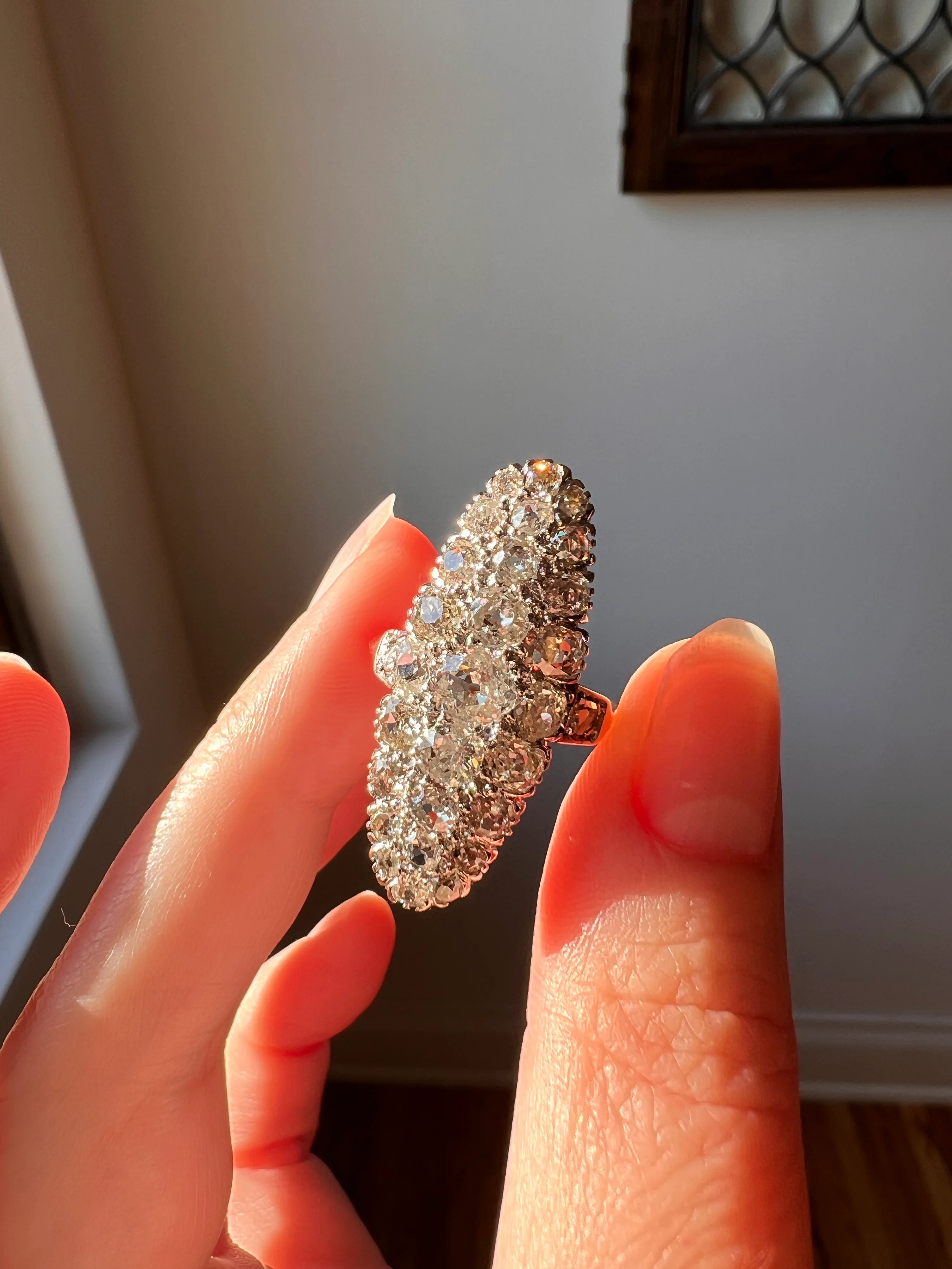 XL Oval French ANTIQUE 3.5 Carat 29 Old Mine Cut DIAMOND Rose Cut Cluster Ring 18k Gold - Image 16