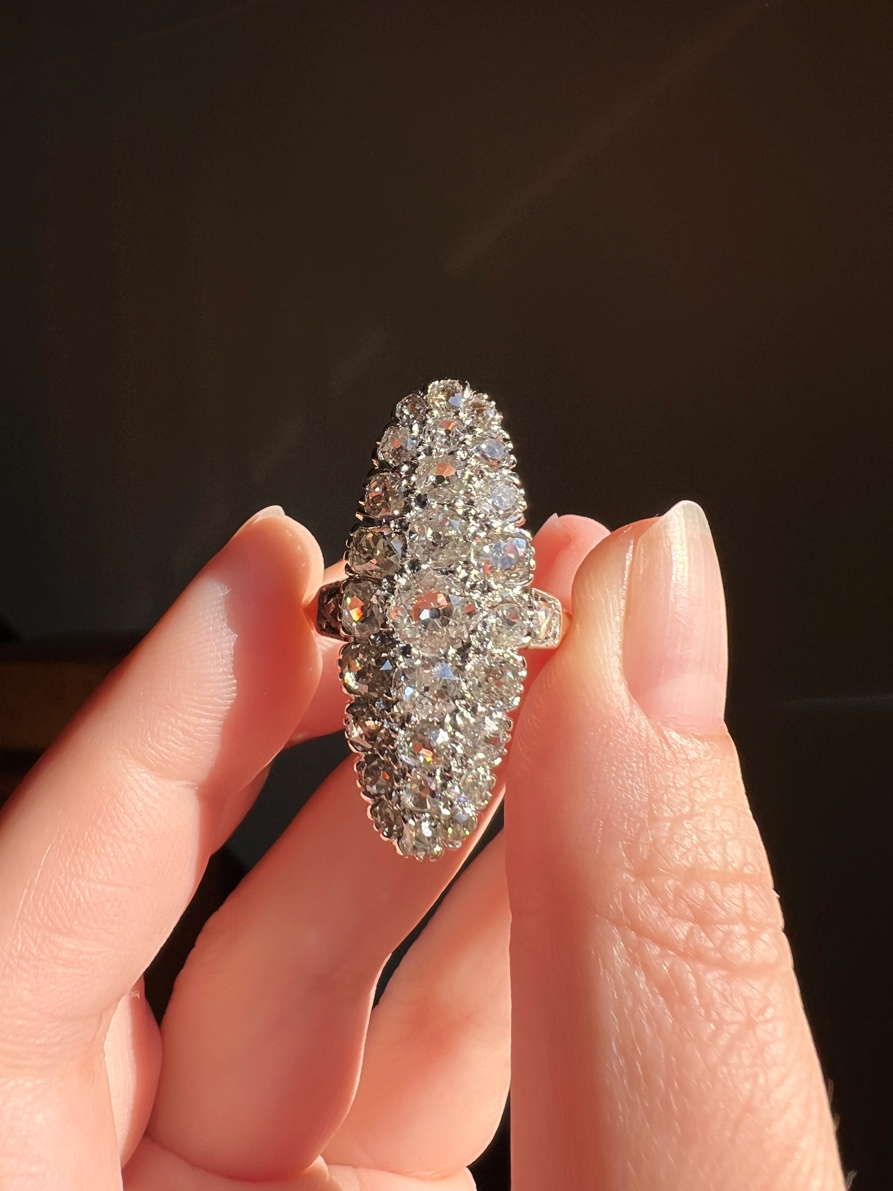 XL Oval French ANTIQUE 3.5 Carat 29 Old Mine Cut DIAMOND Rose Cut Cluster Ring 18k Gold - Image 17