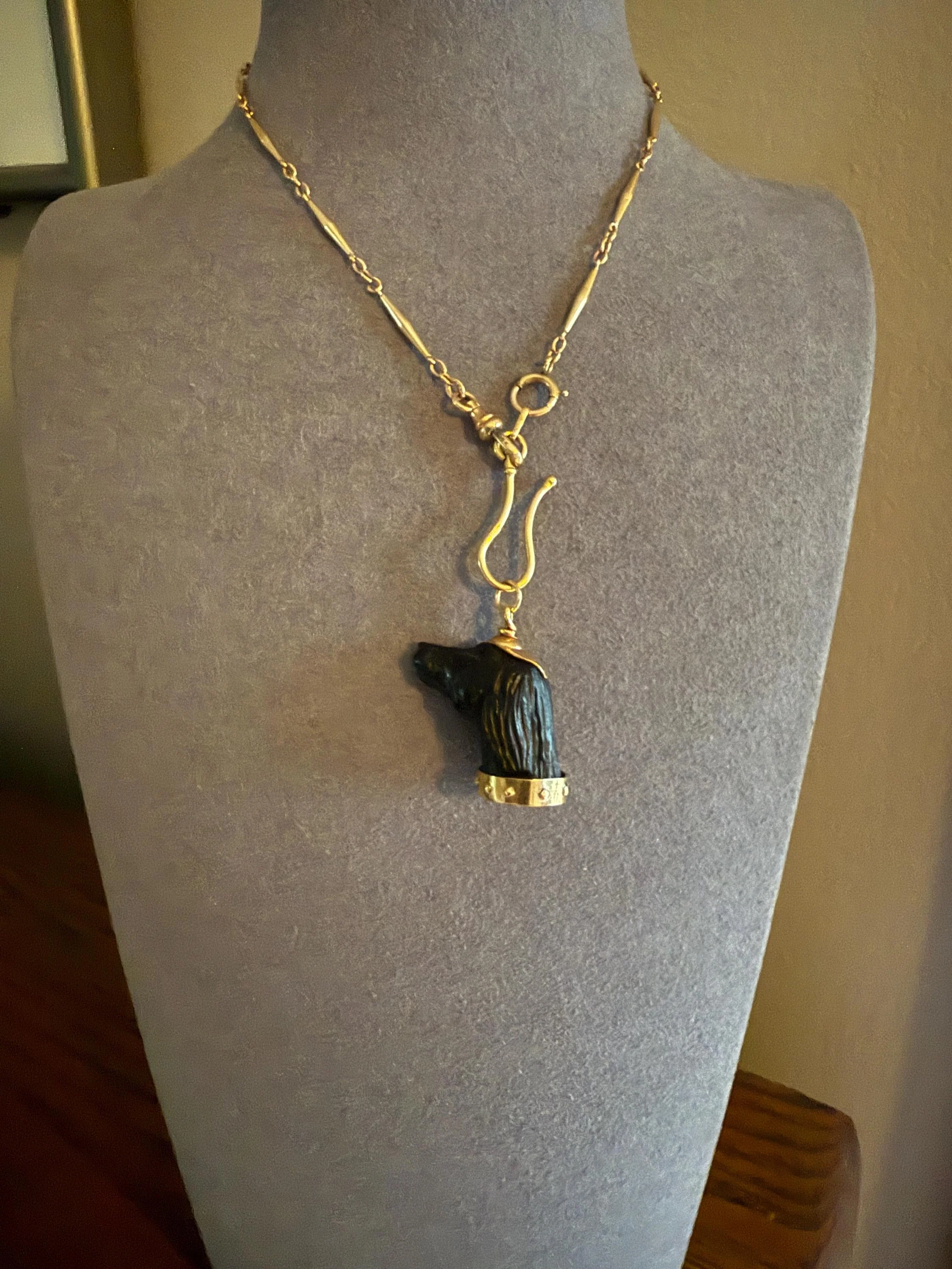 XL Victorian ANTIQUE Black Gutta Percha? 3D DOG Head Carved 18k Gold Ball Rivet Collar Figural Hunting Loyalty Hound Charm Pendant Fob - Image 13