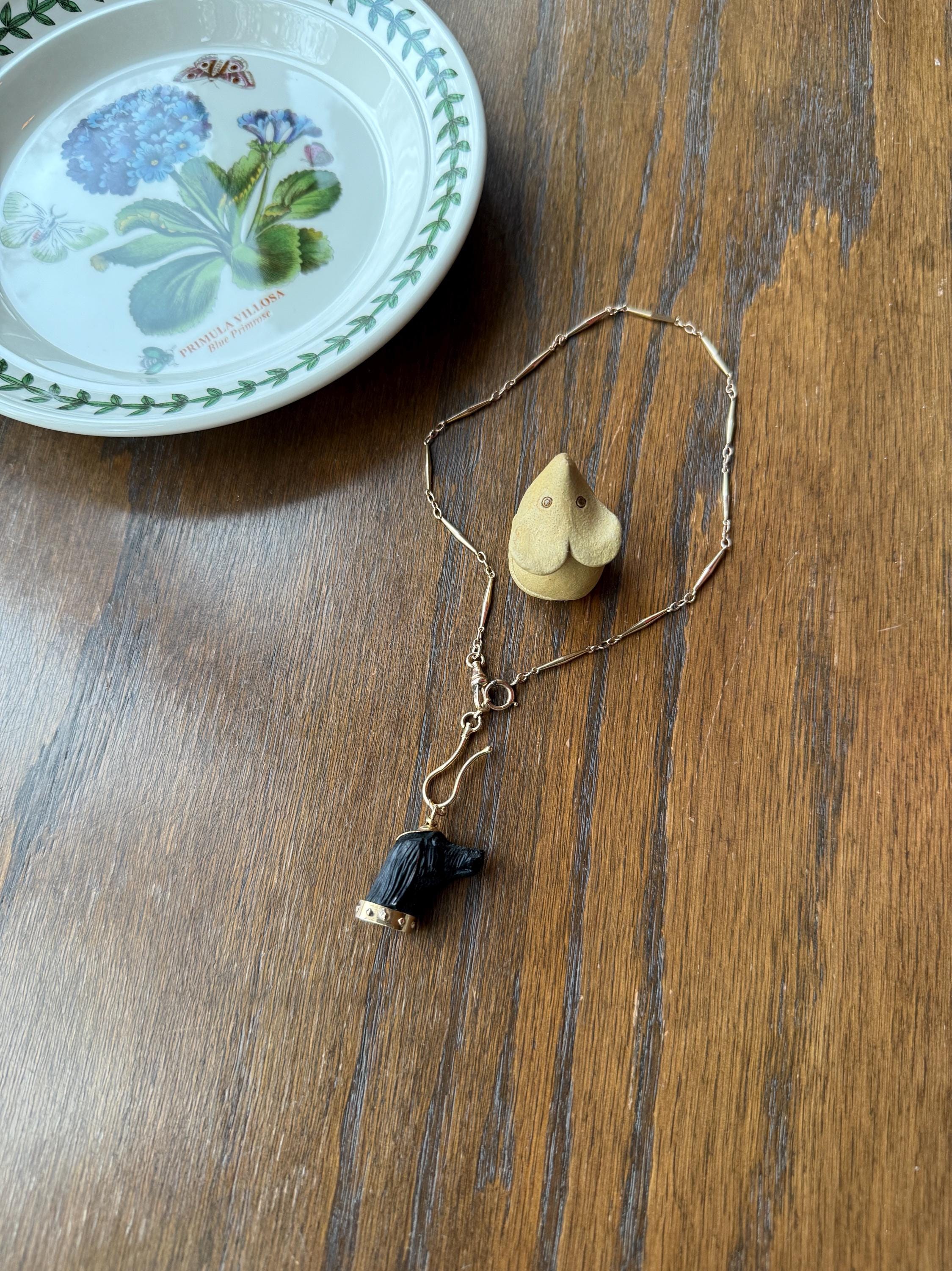 XL Victorian ANTIQUE Black Gutta Percha? 3D DOG Head Carved 18k Gold Ball Rivet Collar Figural Hunting Loyalty Hound Charm Pendant Fob - Image 14