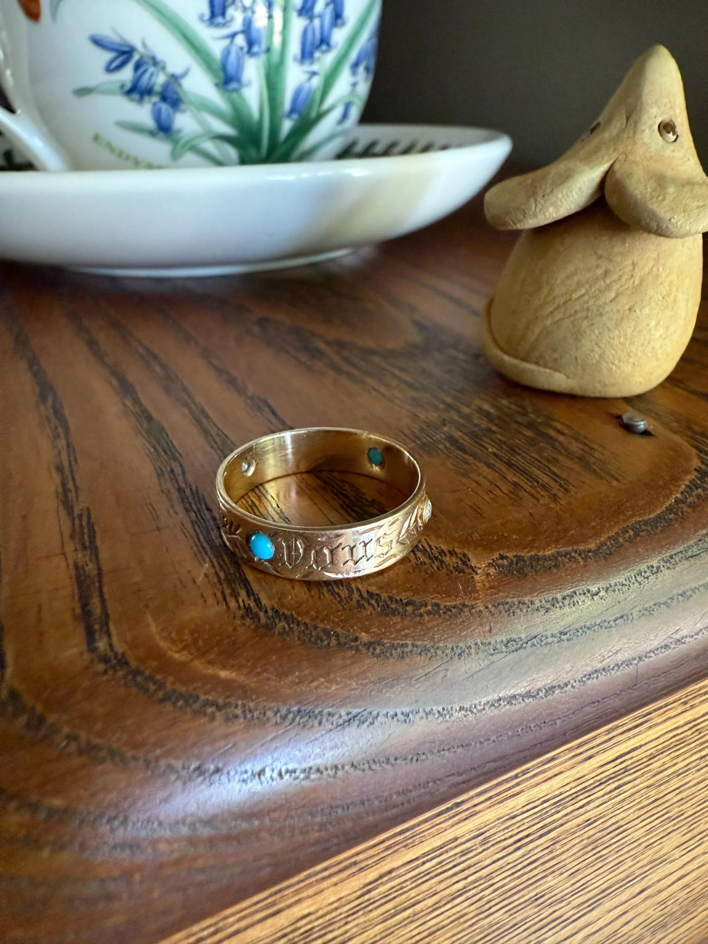 You and No Other French Antique "Vous et Nul Autre" Old Mine Cut Diamond Turquoise Eternity Ring Wedding Cigar Band 14K Gold - Image 11