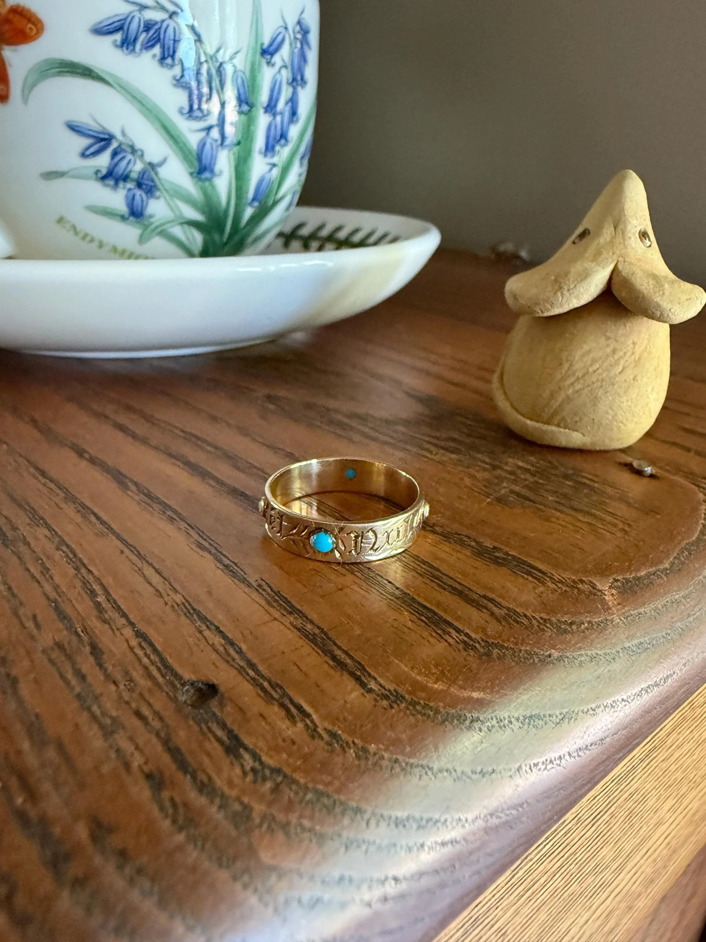 You and No Other French Antique "Vous et Nul Autre" Old Mine Cut Diamond Turquoise Eternity Ring Wedding Cigar Band 14K Gold - Image 2
