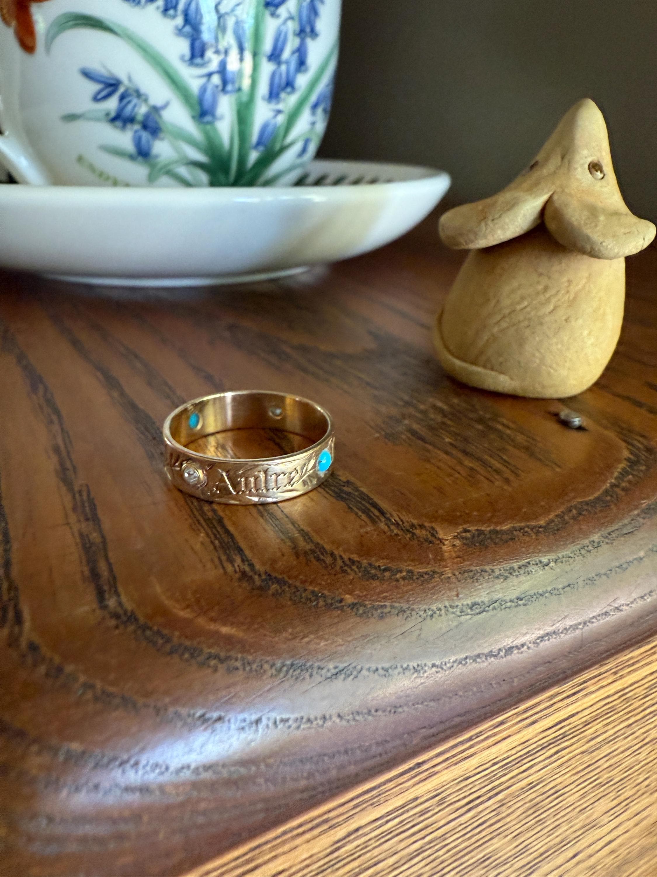 You and No Other French Antique "Vous et Nul Autre" Old Mine Cut Diamond Turquoise Eternity Ring Wedding Cigar Band 14K Gold - Image 3