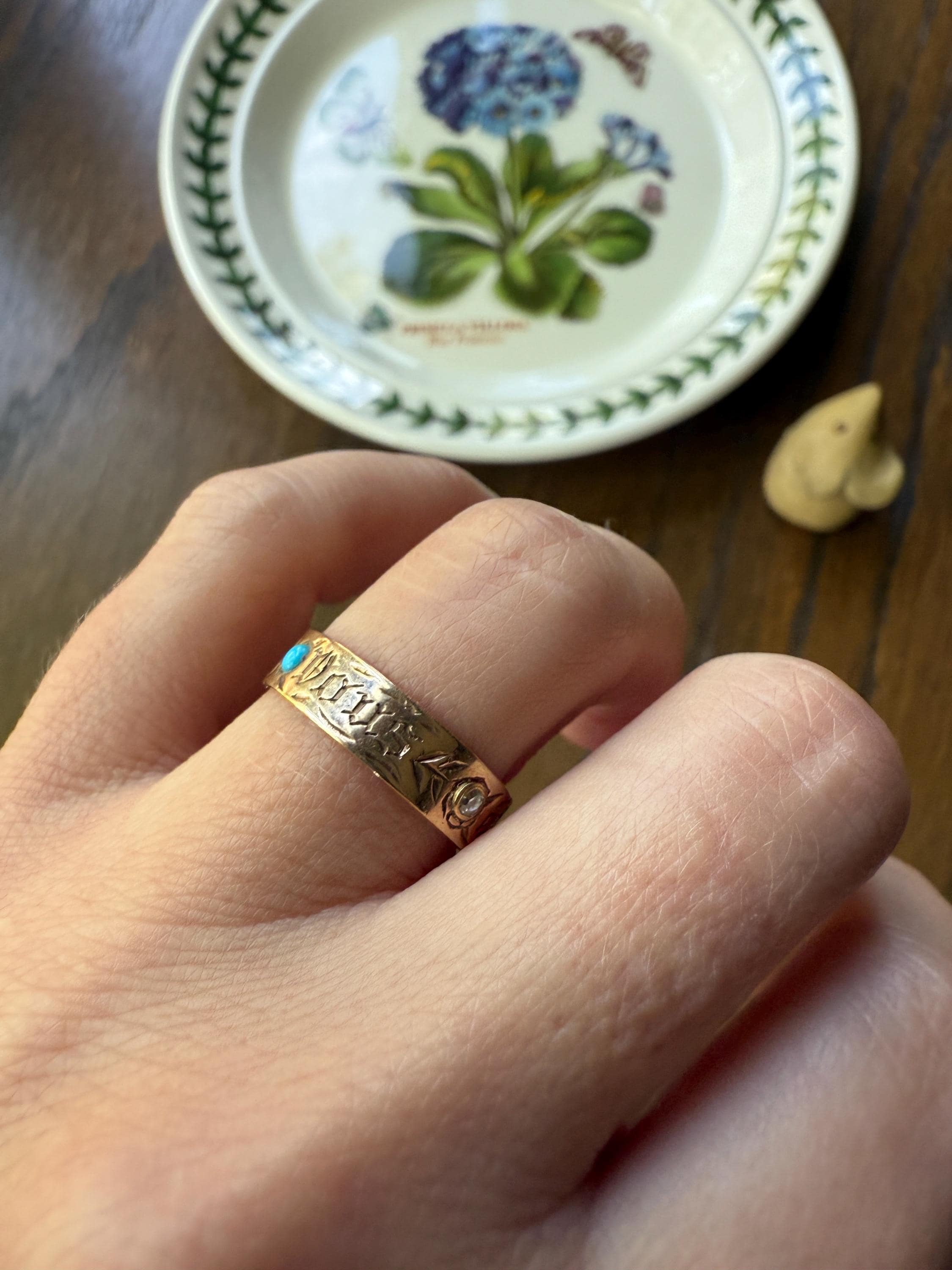 You and No Other French Antique "Vous et Nul Autre" Old Mine Cut Diamond Turquoise Eternity Ring Wedding Cigar Band 14K Gold - Image 4
