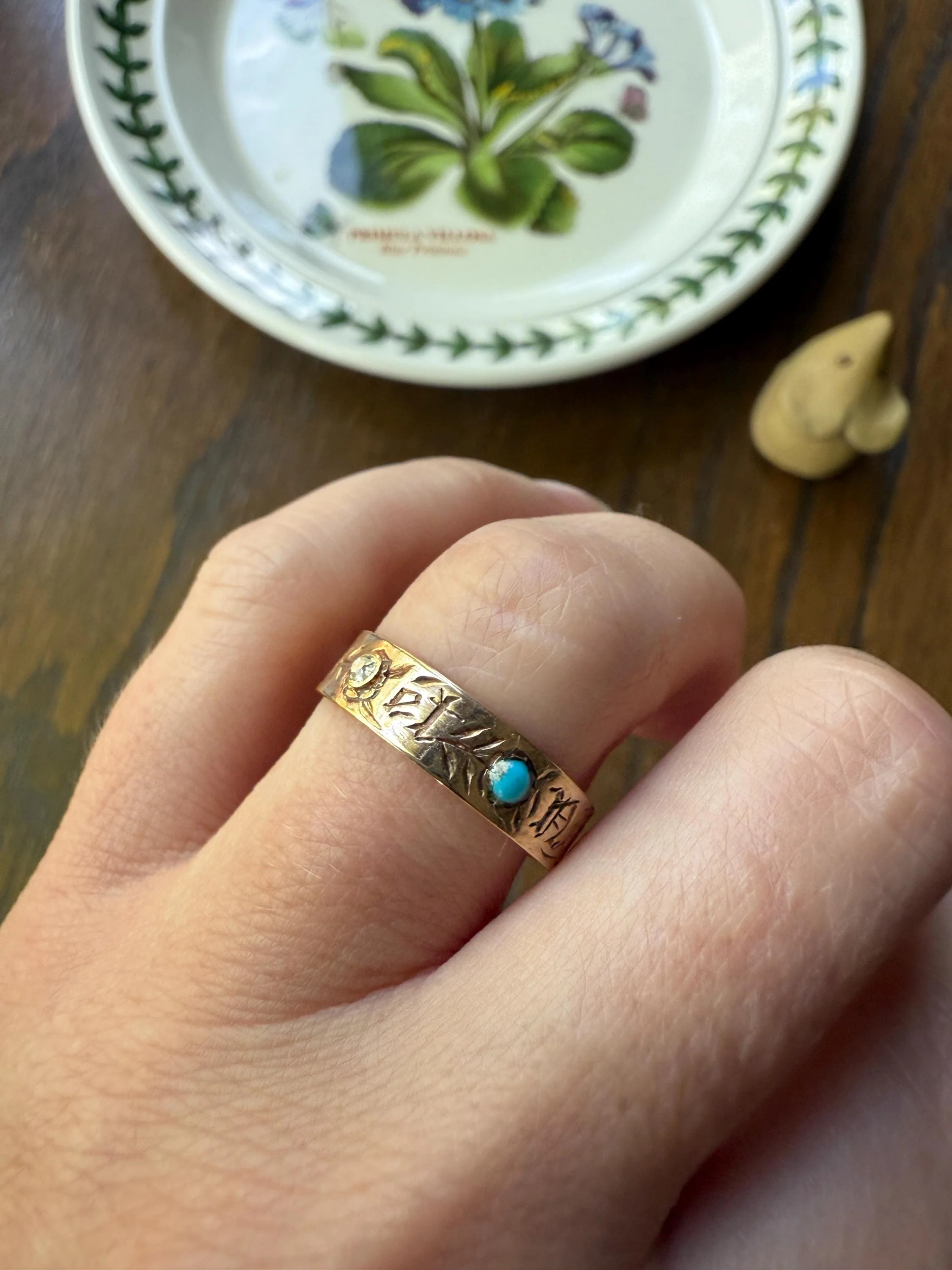 You and No Other French Antique "Vous et Nul Autre" Old Mine Cut Diamond Turquoise Eternity Ring Wedding Cigar Band 14K Gold - Image 5