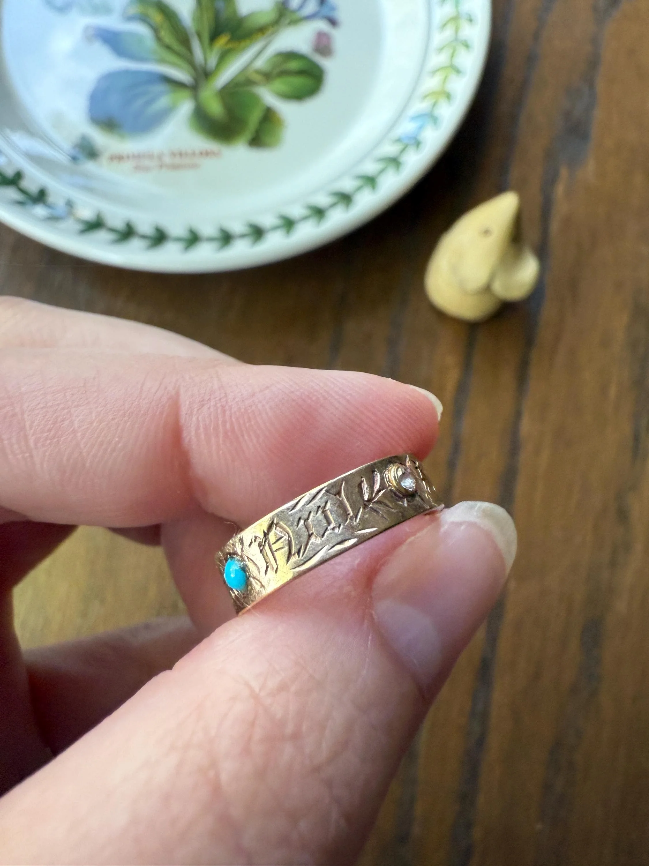 You and No Other French Antique "Vous et Nul Autre" Old Mine Cut Diamond Turquoise Eternity Ring Wedding Cigar Band 14K Gold - Image 6