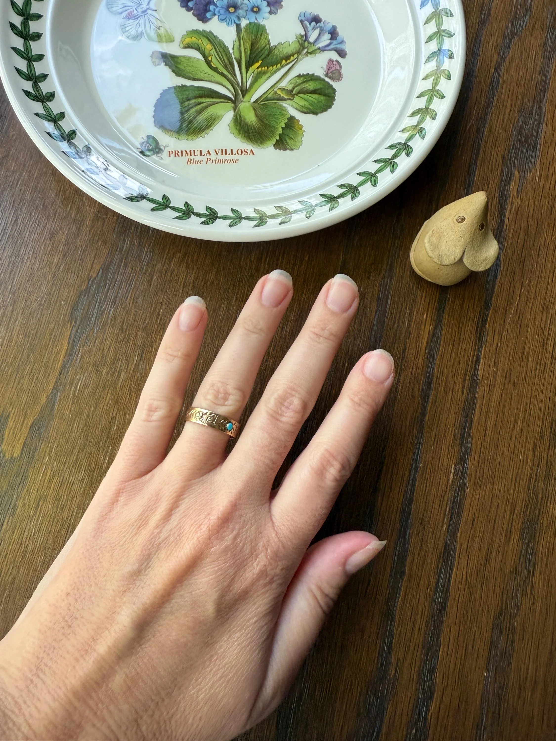 You and No Other French Antique "Vous et Nul Autre" Old Mine Cut Diamond Turquoise Eternity Ring Wedding Cigar Band 14K Gold - Image 7