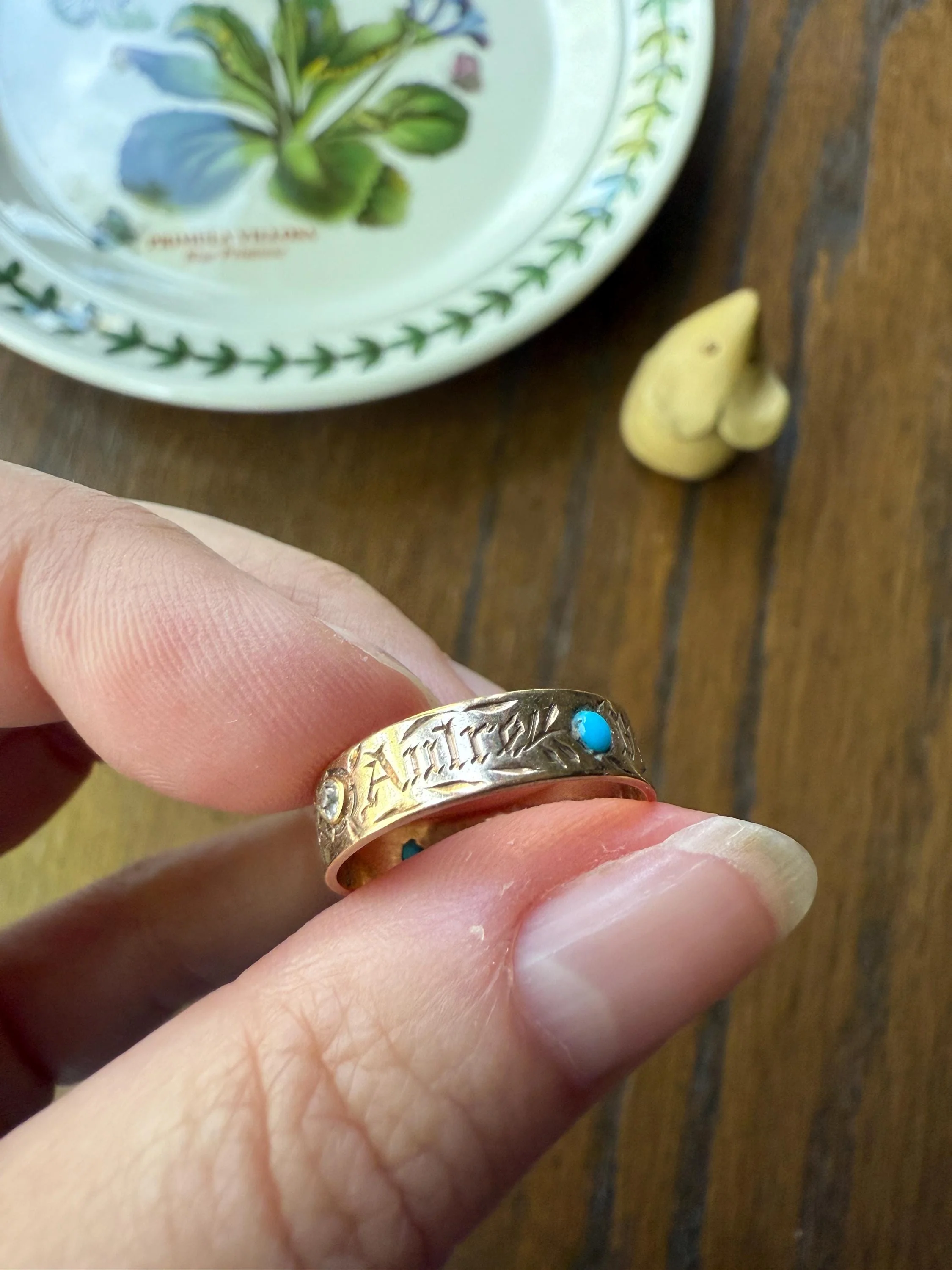 You and No Other French Antique "Vous et Nul Autre" Old Mine Cut Diamond Turquoise Eternity Ring Wedding Cigar Band 14K Gold - Image 8