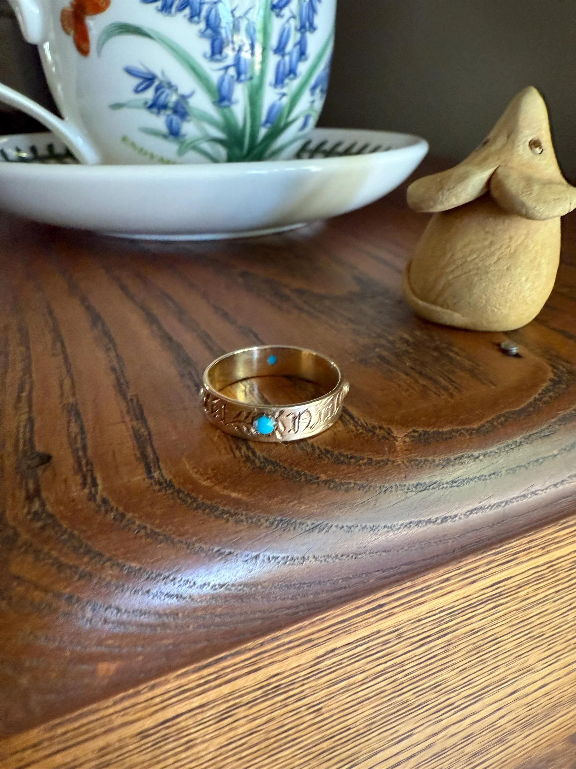 You and No Other French Antique "Vous et Nul Autre" Old Mine Cut Diamond Turquoise Eternity Ring Wedding Cigar Band 14K Gold - Image 9